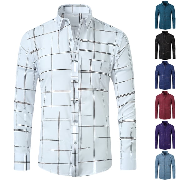 DDAPJ pyju Men's Plaid Dress Shirts Long Sleeve Wrinkle-Free Business Casual Button Down Shirt Formal Wedding Shirts Navy S