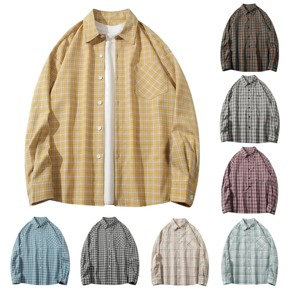 DDAPJ pyju Men's Plaid Shirt Cotton Casual Button Down Shirts Lightweight Shacket Jacket with Pocket Gray L