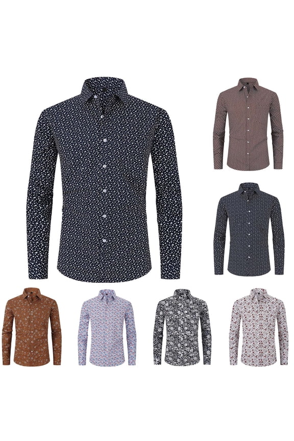 Men's Printed Button Down Shirts Long Sleeve Regular Fit Dress Shirt Wrinkle Free Formal Wedding Shirts Blue L