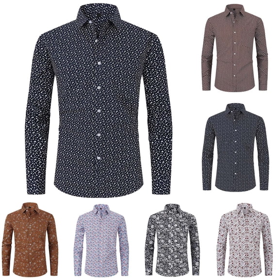 DDAPJ pyju Men's Printed Button Down Shirts Long Sleeve Regular Fit Dress Shirt Wrinkle Free Formal Wedding Shirts Brown L
