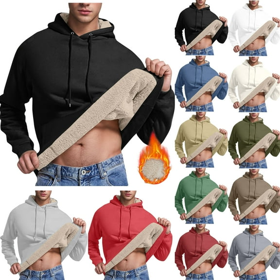 DDAPJ pyju Men's Pullover Hoodie Sherpa Lined Hooded Sweatshirt Winter Warm Fleece Hoodies Kanga Pocket Long Sleeve Drawstring Sweatshirts Blue M