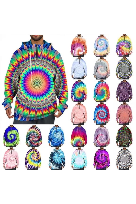 Men's Quarter Zip Hooded Sweatshirts Tie Dye Printed Long Sleeve Casual Pullover Hoodie Oversized Waffle Knit Pullover Sweatshirt Multicolor L