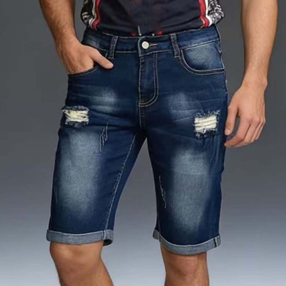 DDAPJ pyju Men's Ripped Denim Shorts High Rise Washed Distressed Jean Shorts Slim Fit Knee Length Denim Short Pants Dark Blue XXL