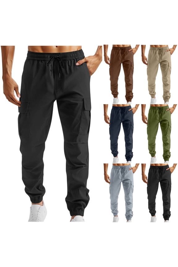 Men's Ripstop Cargo Pants Elastic Waist Drawstring Jogger Sweatpants Lightweight Outdoor Hiking Pants Slim Fit Work Trousers with Multi Pockets Black M
