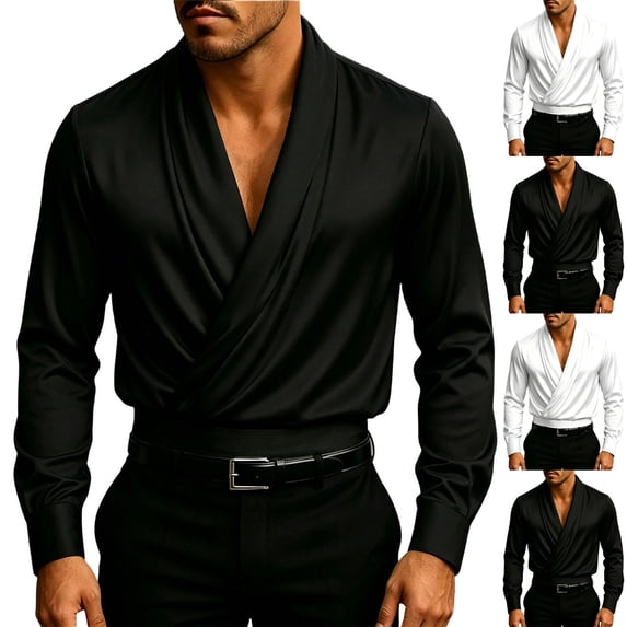 DDAPJ pyju Men's Satin Long Sleeve Shirt Wrap V Neck Ruched T Shirts Office Work Top 2026 Trendy Outfit White S