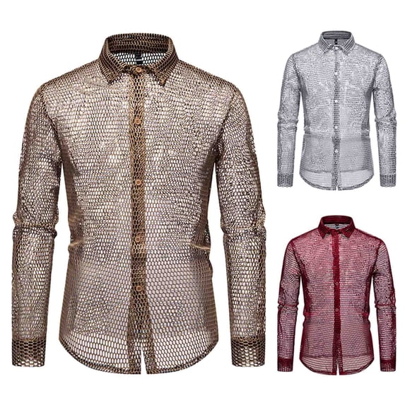 DDAPJ pyju Men's Sheer Mesh Button Down Shirt See Through Long Sleeve Tops Party Club Shirts Coffee XL