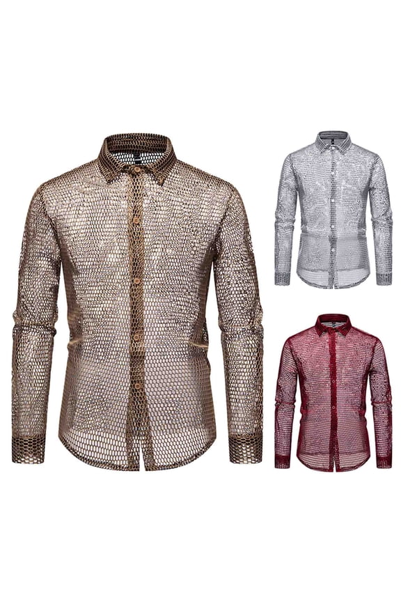 Men's Sheer Mesh Button Down Shirt See Through Long Sleeve Tops Party Club Shirts Coffee XXL