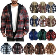 DDAPJ PYJU Men's Winter Zip Up Hoodie Quilted Lined Plaid Jackets Winter Warm Heavyweight Coats with Pockets Blue M