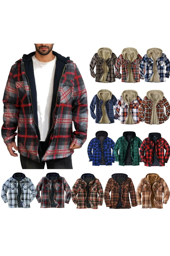 Men's Sherpa Lined Flannel Shirt Jackets s,Winter Thick Warm Coat Drawstring Long Sleeve Plaid Hooded Jacket Casual Snap Front Fleece Jacket