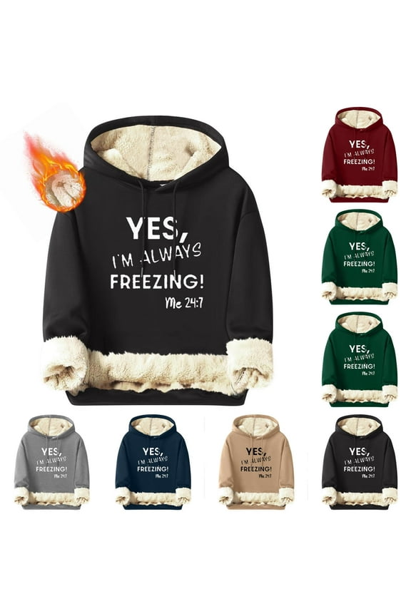 Men's Sherpa Lined Hoodies FREEZING Letter Graphic Hooded Sweatshirt Thicken Warm Winter Hoodie Soft Fleece Pullover Sweatshirts Wine XL