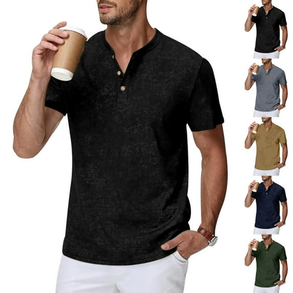 DDAPJ pyju Men's Short Sleeve Henley Shirt Vintage Distressed Casual Workout Tees Lightweight Summer Collarless Golf Shirts Lightning Sales of The Day Black XL