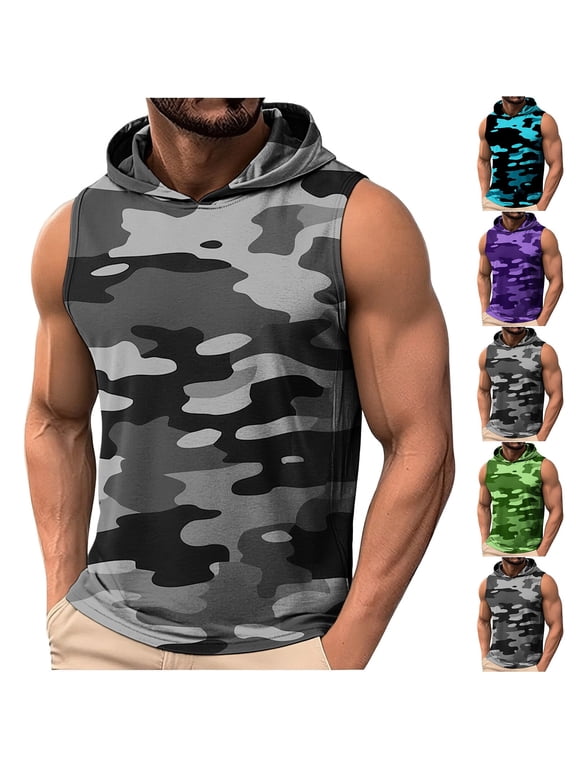 Men's Sleeveless Athletic Hoodies Gym Workout Hooded Tank Top Military Camouflage Tops Lightweight Breathable Outdoor Wear Black L