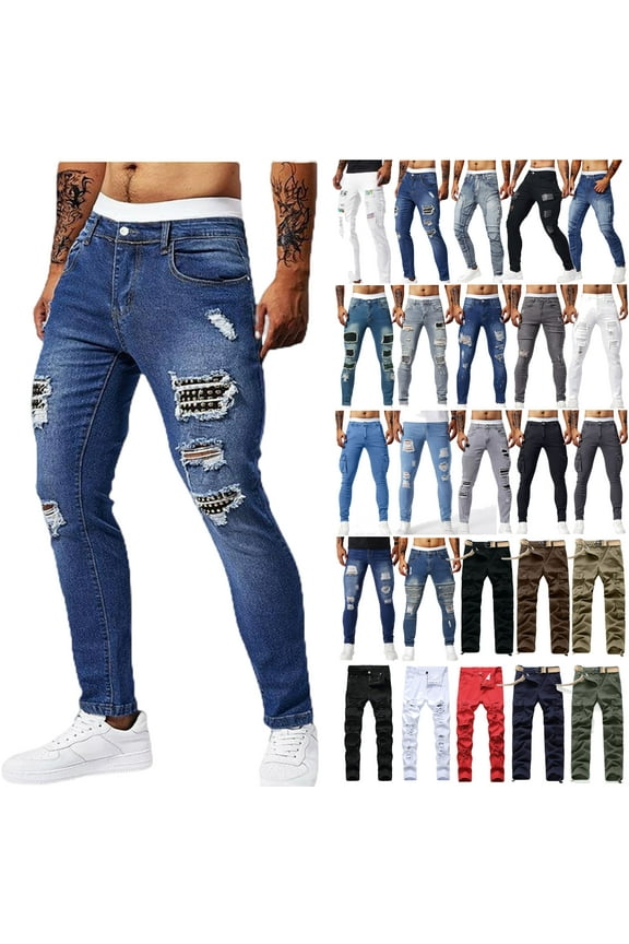 Men's Slim Fit Jeans Stretch Destroyed Ripped Skinny Jeans Ripstop Denim Pants with Pockets Lightning Sales Black 30