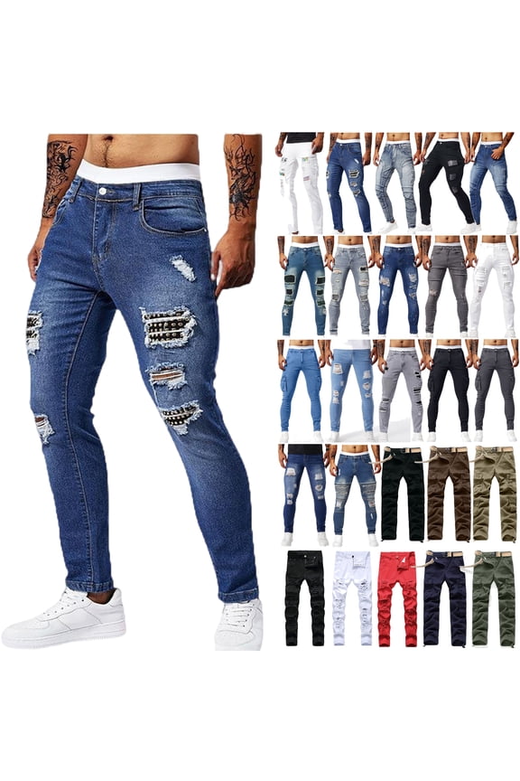 Men's Slim Fit Jeans Stretch Destroyed Ripped Skinny Jeans Ripstop Denim Pants with Pockets Lightning Sales Blue 36