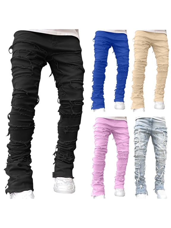 Men's Stacked Skinny Jeans Y2K Harajuku Style Ripped Denim Pants Hip Hop Streetwear Trousers Light Blue M