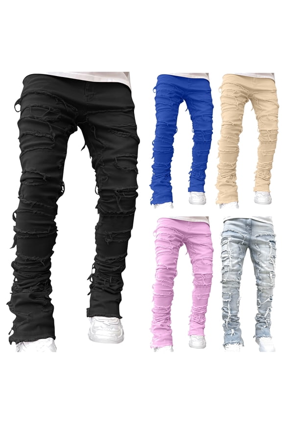 Men's Stacked Skinny Jeans Y2K Harajuku Style Ripped Denim Pants Hip Hop Streetwear Trousers Light Blue M