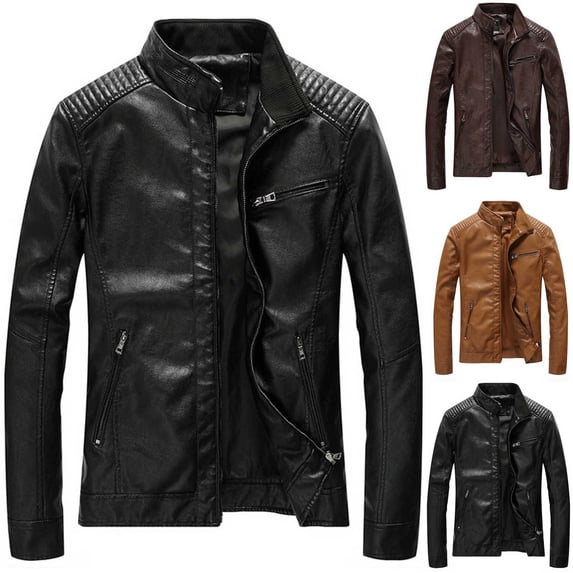 DDAPJ pyju Men's Stand Collar Leather Jacket Lightweight Motorcycle Jackets Faux Leather Outwear Zipper Windbreaker Biker Coat with Pockets Coffee XXXL