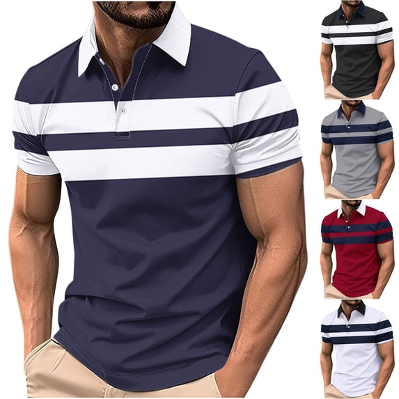 DDAPJ pyju Men's Striped Polos Shirt Color Block Casual Summer Short Sleeve Tops Lightweight Moisture Wicking Golf Shirts Holiday Sales Navy XXXXL