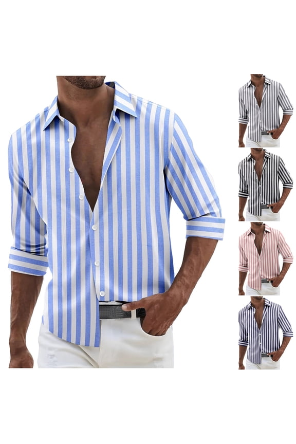 Men's Striped Shirt Relaxed Fit Long Sleeve Casual Button Down Shirts Lightweight Breathable Linen Beach Shirt Navy XXL