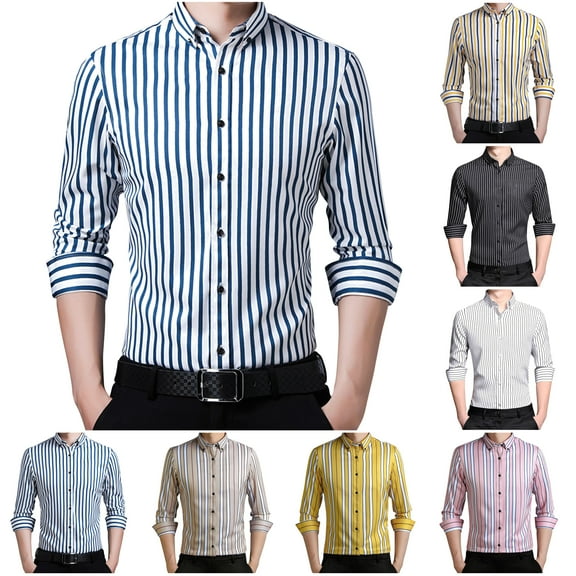 DDAPJ pyju Men's Striped Shirt Slim Fit Long Sleeve Wrinkle Fress Dress Shirts Business Casual Button Down Shirt Wedding Party Shirts Yellow S