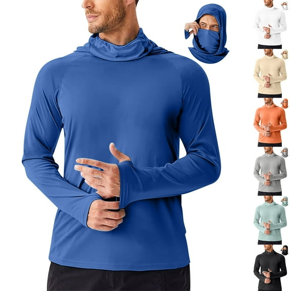 DDAPJ pyju Men's Sun Protection Hoodie Shirt UPF 50  Long Sleeve Hooded T-Shirts with Mask Lightweight Rash Guard Fishing Hiking Shirts with Thumb Holes Orange XXXL