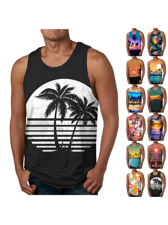 Men's Tank Tops Big and Tall Bodybuilding Sleeveless Tshirts Loose Hawaiian Palm Tree Graphic Tees Fitness Stringer Tank Shirts Yellow M