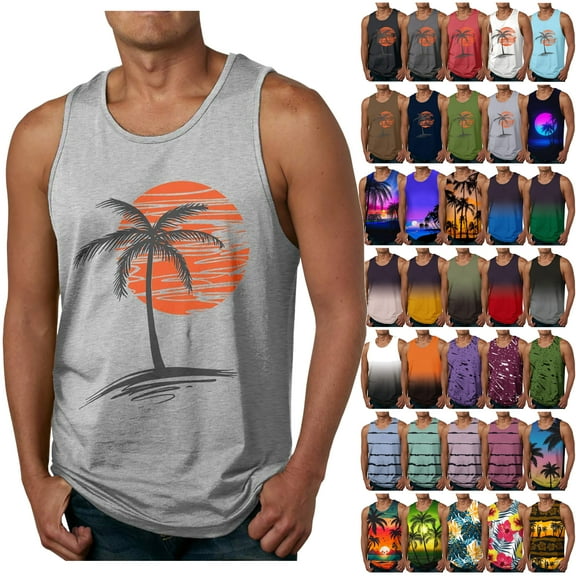 DDAPJ pyju Men's Tank Tops,Palm Tree Tanks Tops for Mens Cool Printed Graphic Sleeveless Tank Top Muscle Shirt for Workout Gym Jogging