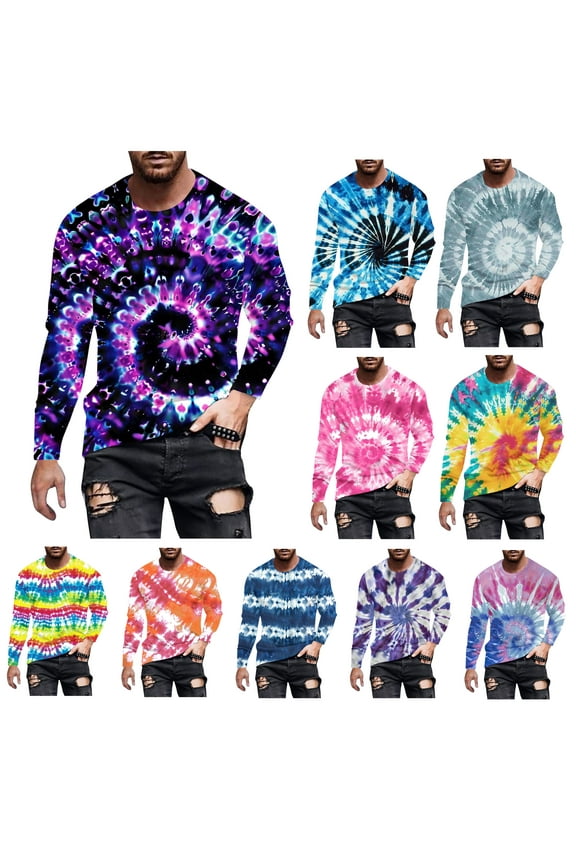 Men's Tie Dye T-Shirt Gradient Color Long Sleeve Crewneck Tee Shirts Big and Tall Casual Athletic Tops Cool Streetwear Sky Blue L
