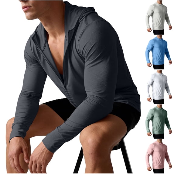DDAPJ pyju Men's UPF 50+ Sun Protection Jacket Hooded Lightweight Full Zip Long Sleeve Cooling Hiking Fishing Performance Shirts Dark Gray XXL