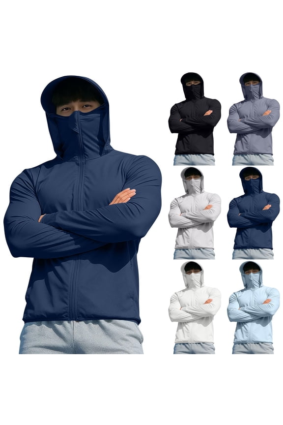 Men's UPF 50+ Sun Protection Jacket Hooded Lightweight Full Zip Long Sleeve Cooling Hiking Fishing Performance Shirts with Face Mask White L