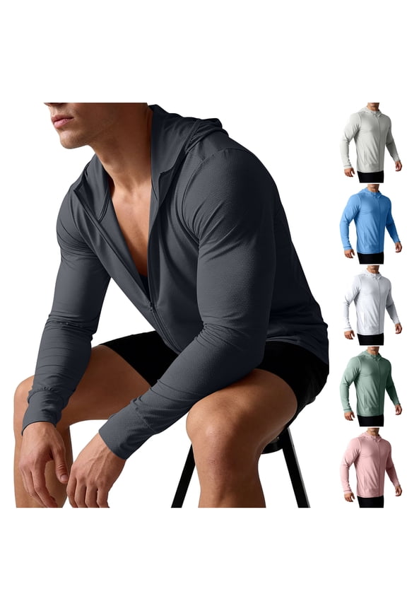 Men's UPF 50+ Sun Protection Lightweight Hoodie Jacket Full Zip Long Sleeve Hiking Fishing Outdoor Performance Shirts Gray M