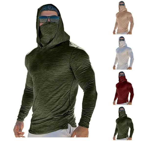 DDAPJ pyju Men's UPF 50  Sun Shirts Hoodie with Mask Long Sleeve Thermal Compression Sports Base Layer Active Running Top Army Green L