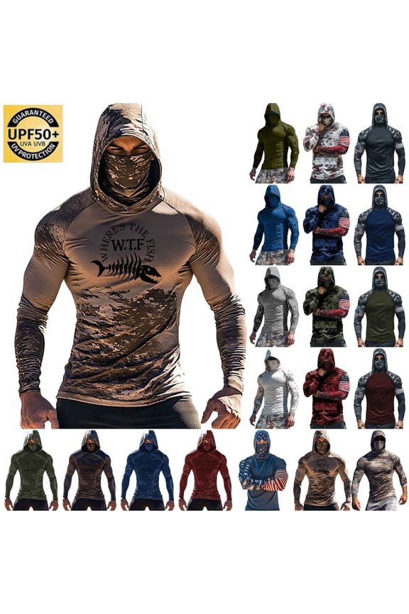 Men's UPF 50+ Sun Shirts Hoodie with Mask Long Sleeve Thermal Compression Sports Base Layer Active Running Top Navy XXL