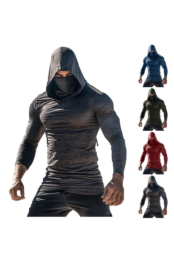 Men's UPF 50+ Sun Shirts Hoodie with Mask Long Sleeve Thermal Compression Sports Base Layer Active Running Top Wine XL
