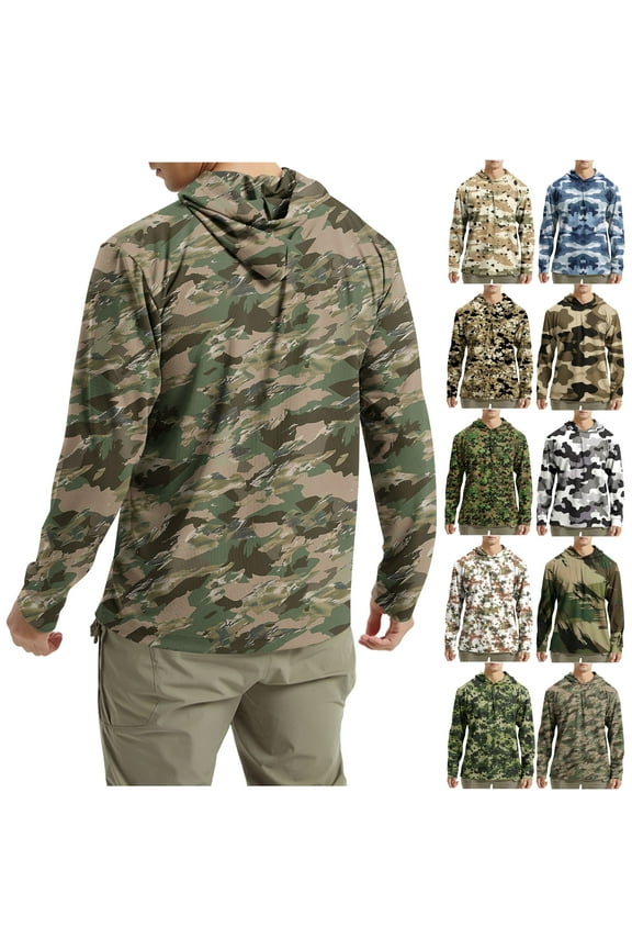 Men's UV Sun Protection Shirt UPF 50+ Camo Hoodie Long Sleeve Quick Dry Hiking Fishing Shirts Rash Guard Prime Sales of The Day Coffee XL