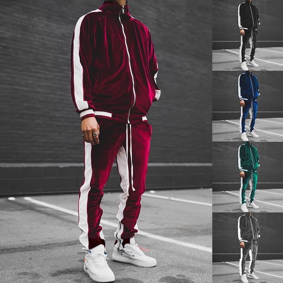 DDAPJ pyju Men's Velour Tracksuit Set Velvet Sweatsuit Color Block Long Sleeve Full Zip Sweatshirt Sweatpants Matching Jogging Suits 2 Piece Casual Athletic Outfits Gray L