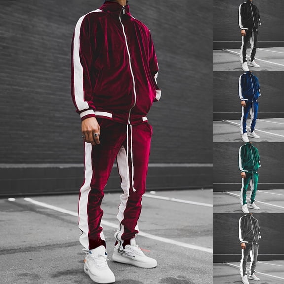 DDAPJ pyju Men's Velour Tracksuit Set Velvet Sweatsuit Color Block Long Sleeve Full Zip Sweatshirt Sweatpants Matching Jogging Suits 2 Piece Casual Athletic Outfits Dark Blue XL