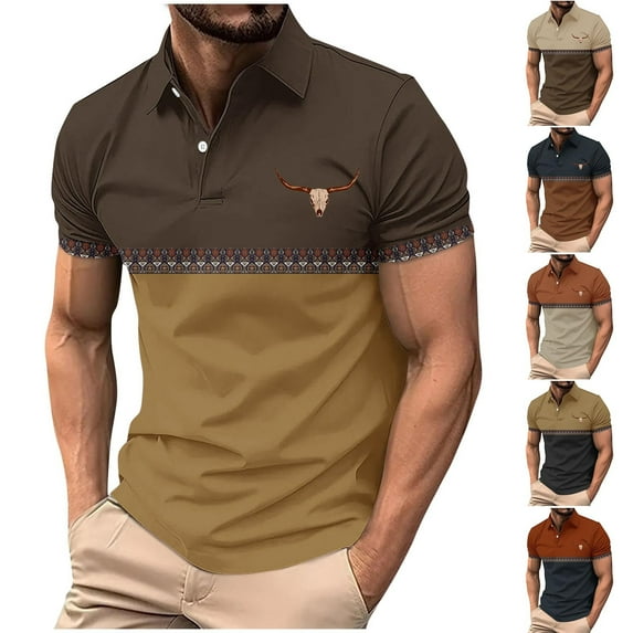 DDAPJ pyju Men's Vintage Polos Shirt Short Sleeve Western Aztec Print Golf Shirts Lightweight Outdoor Casual Sports Collared T-shirt Sales of The Day Beige XXL