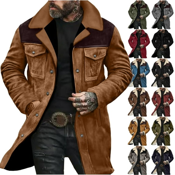 DDAPJ pyju Men's Vintage Suede Jackets Western Cowboy Coats Distressed Motorcycle Jacket Winter Warm Trench Coat with Pockets Gray XXXL