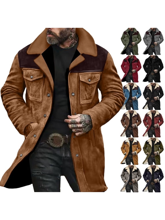 Men's Vintage Suede Jackets Western Cowboy Coats Distressed Motorcycle Jacket Winter Warm Trench Coat with Pockets Yellow L