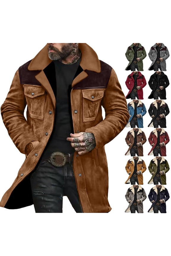 Men's Vintage Suede Jackets Western Cowboy Coats Distressed Motorcycle Jacket Winter Warm Trench Coat with Pockets Yellow L