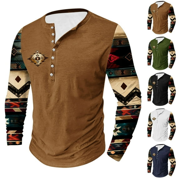 DDAPJ pyju Men's Western Aztec Henley Shirt Vintage Ethnic Printed Patchwork Long Sleeve Button T-shirt Slim Fit Casual Hipster Tee Tops White XXL