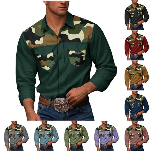 DDAPJ pyju Men's Western Cowboy Shirt Camo Long Sleeve Button Down Shirts Hiking Fishing Camping Travel Work Shirt with Pockets Black M