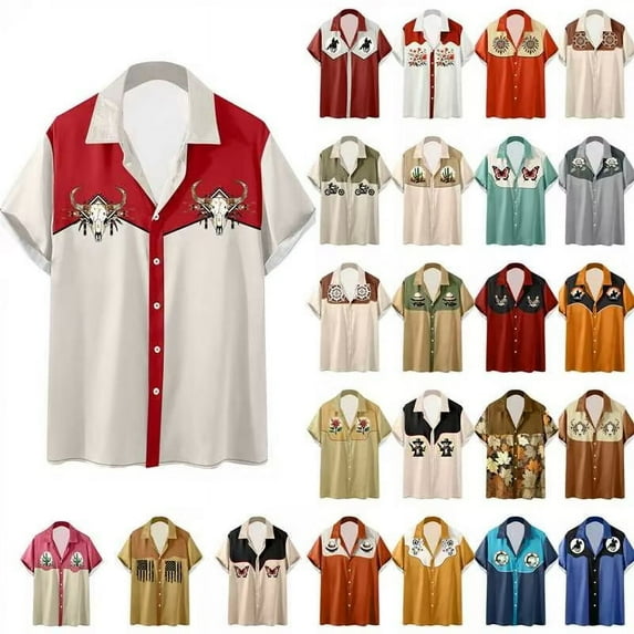DDAPJ pyju Men's Western Cowboy Shirt Color Block Casual Button Down Shirts Short Sleeve Hawaiian Bowling Shirt Sales of Today Prime Multicolor XXL