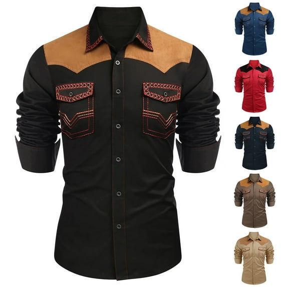 DDAPJ pyju Men's Western Cowboy Shirt Embroidered Long Sleeve Slim Fit Casual Button Down Shirts Hippie Tops with Pockets Black XL