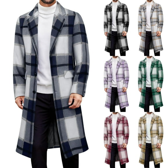 DDAPJ pyju Men's Wool Blend Plaid Coat Notched Collar Single Breasted Pea Coat Mid-Length Trench Overcoat Green L