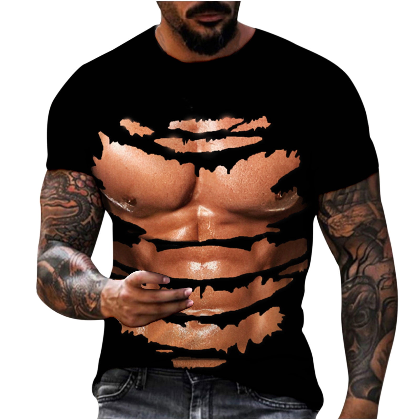  Funny Fake Six Pack Abs T-Shirt Big Muscle Chest