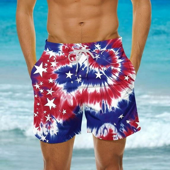 DDAPJ pyju Mens 4th of July Swim Trunks Tie Dye American Flag Print Drawstring Beach Board Shorts Independence Day Patriotic Shorts with Pockets Multicolor S