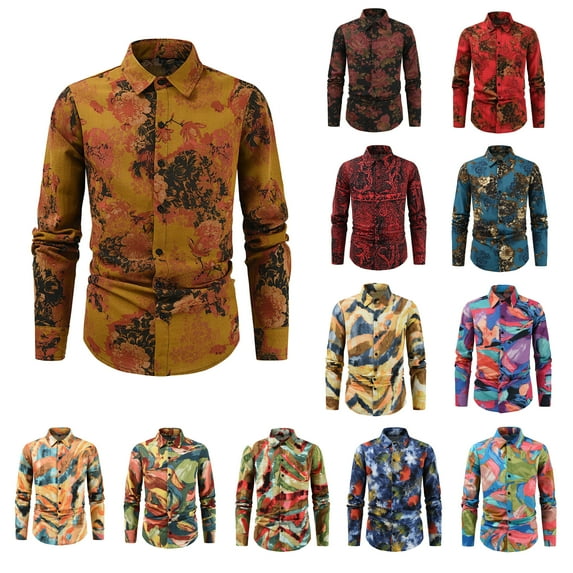 DDAPJ pyju Mens 70s Floral Dress Shirt Long Sleeve Printed Casual Button Down Shirts Fancy Party Shirt Multicolor L
