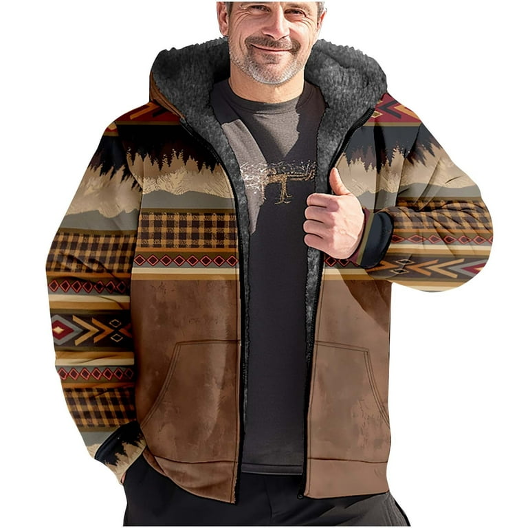DDAPJ pyju Mens Aztec Hoodie Coat Big and Tall Sherpa Lined Jackets Vintage  Geometric Print Zip Up Hooded Sweatshirt Jacket Plus Size Thicken Warm  Winter Outwear Coats with Pockets Brown S 